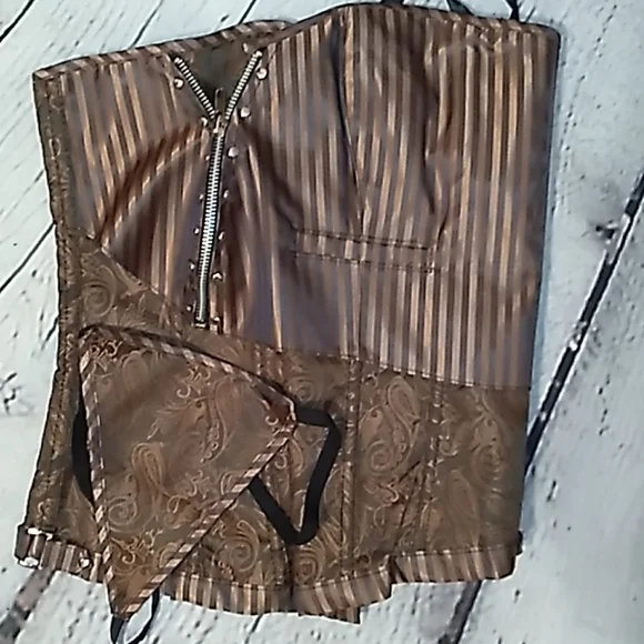 Steampunk Retro Brocade Victorian striped Corset Golden Brown - Picture 6 of 16